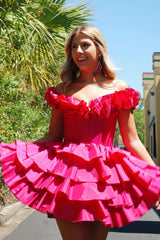 Fuchsia Off The Shoulder Corset Short Homecoming Dress With Ruffles