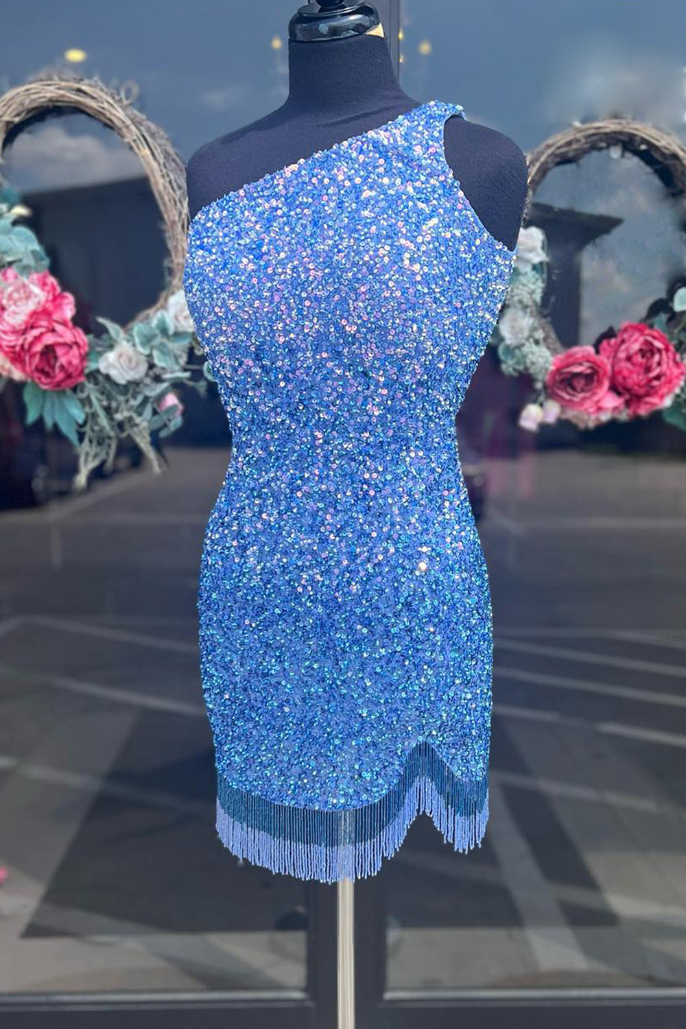 Sparkly Blue Sequined One Shoulder Tight Short Homecoming Dress with Fringes