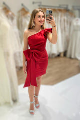 Red One Shoulder Tight Short Homecoming Dress With Bow