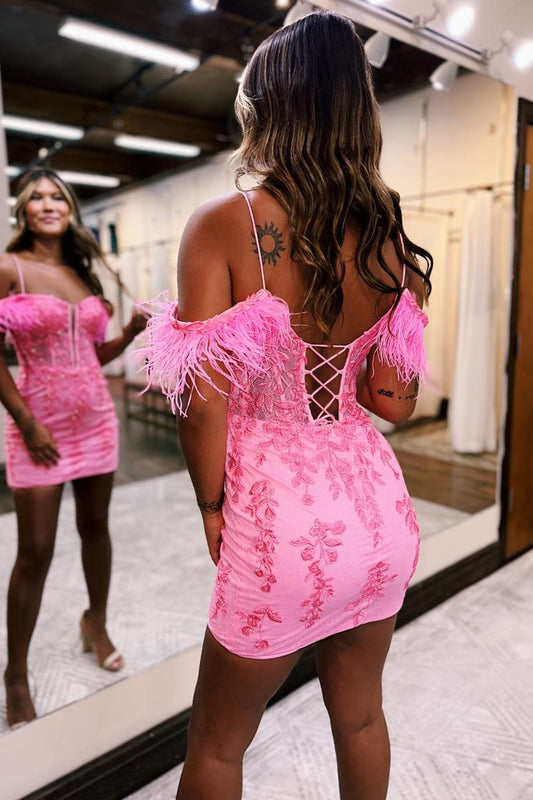 Sparkly Pink Corset Sequins Tight Short Homecoming Dress With Feather