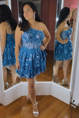 Sparkly Navy Tiered Lace One Shoulder A-Line Short Homecoming Dress