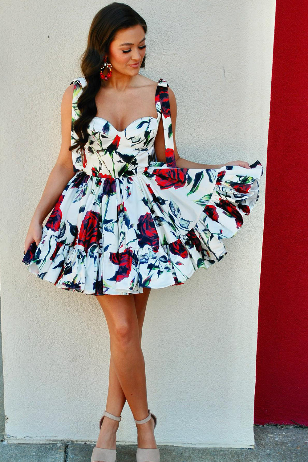 White A Line Ruffled Homecoming Dress With Printed Flower