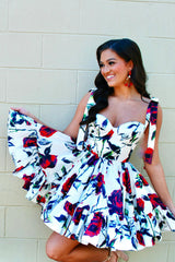 White A Line Ruffled Homecoming Dress With Printed Flower