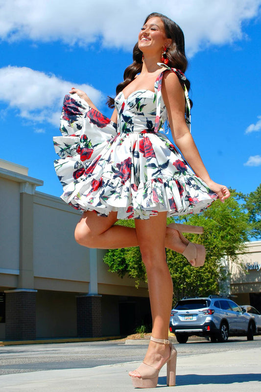 White A Line Ruffled Homecoming Dress With Printed Flower