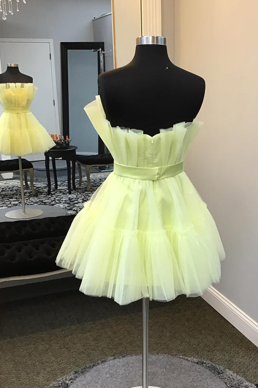 Yellow A Line Tiered Tulle Short Homecoming Dress