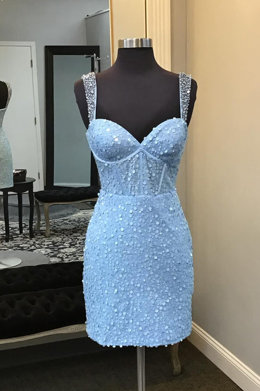 Sparkly Blue Sequins Corset Bodycon Homecoming Dress