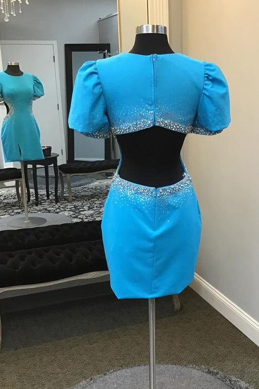 Blue Beaded Puff Sleeves Short Homecoming Dress