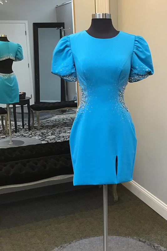 Blue Beaded Puff Sleeves Short Homecoming Dress