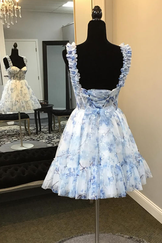 Blue Corset A Line Floral Printed Short Homecoming Dress