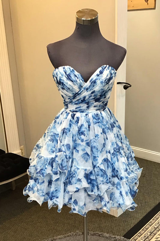 Blue Sweetheart A Line Printed Tiered Homecoming Dress