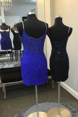 Glitter Royal Blue Spaghetti Straps Tight Short Homecoming Dress With Beadings