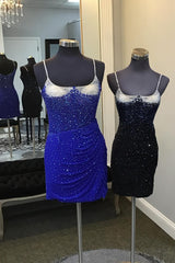 Glitter Royal Blue Spaghetti Straps Tight Short Homecoming Dress With Beadings