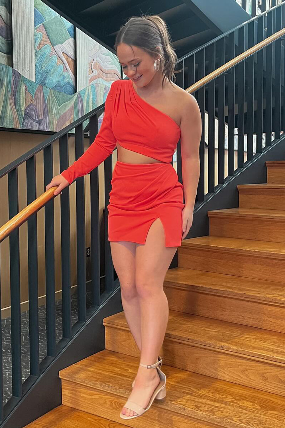 Red One Shoulder Bodycon Short Homecoming Dress With Slit