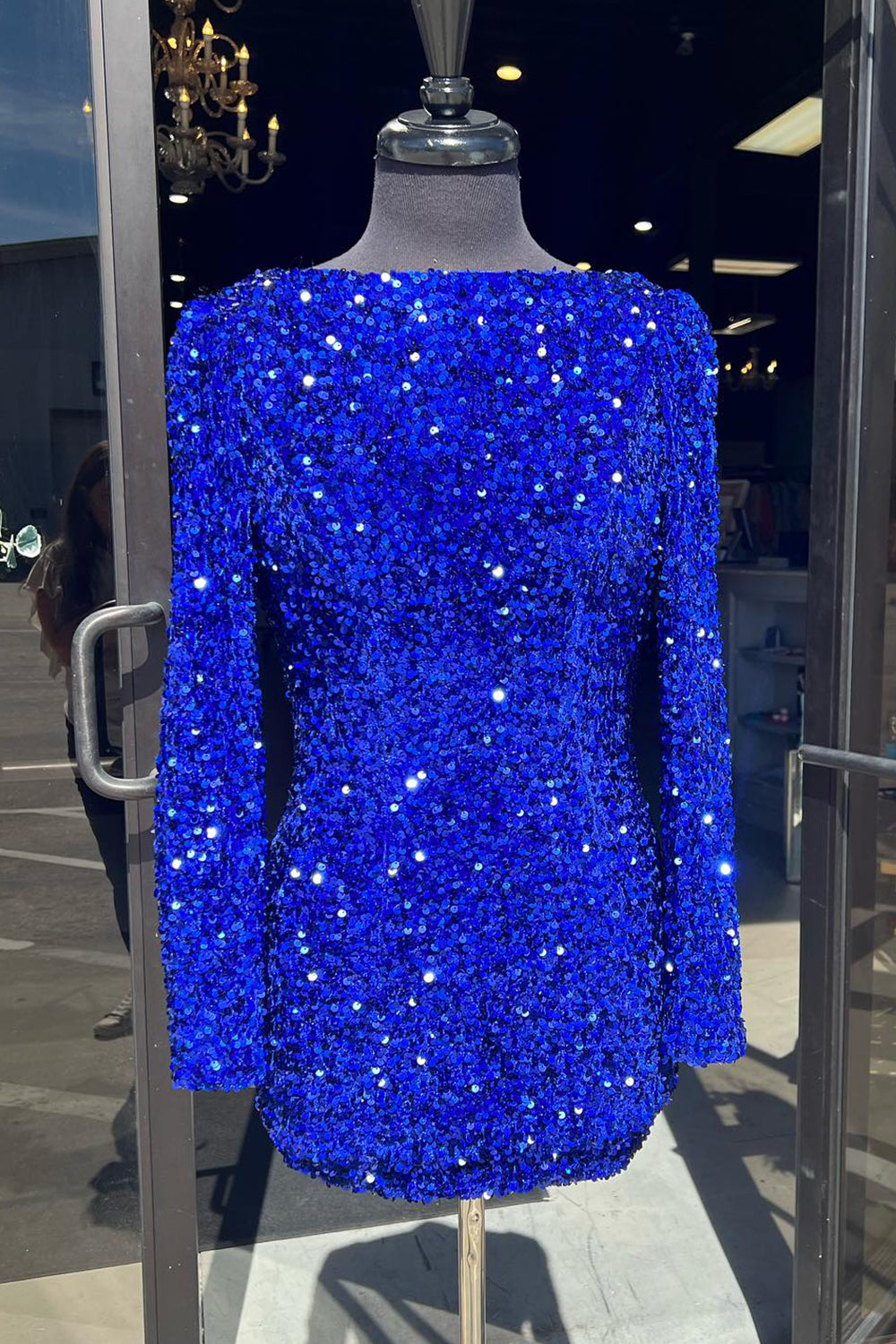 Sparkly Royal Blue Sequins Backless Short Homecoming Dress With Long Sleeves