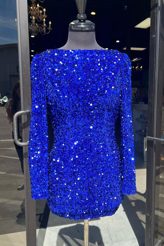 Sparkly Royal Blue Sequins Backless Short Homecoming Dress With Long Sleeves