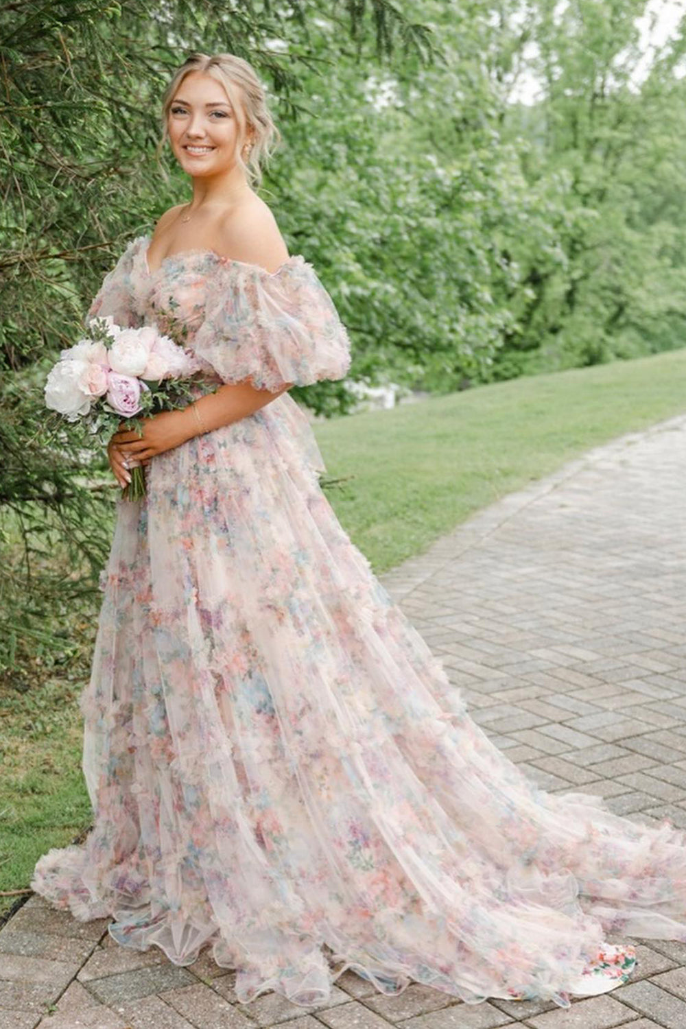 Ivory Red Flower Off The Shoulder Prom Dress