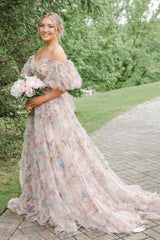 Pink Green Flower Off The Shoulder Prom Dress