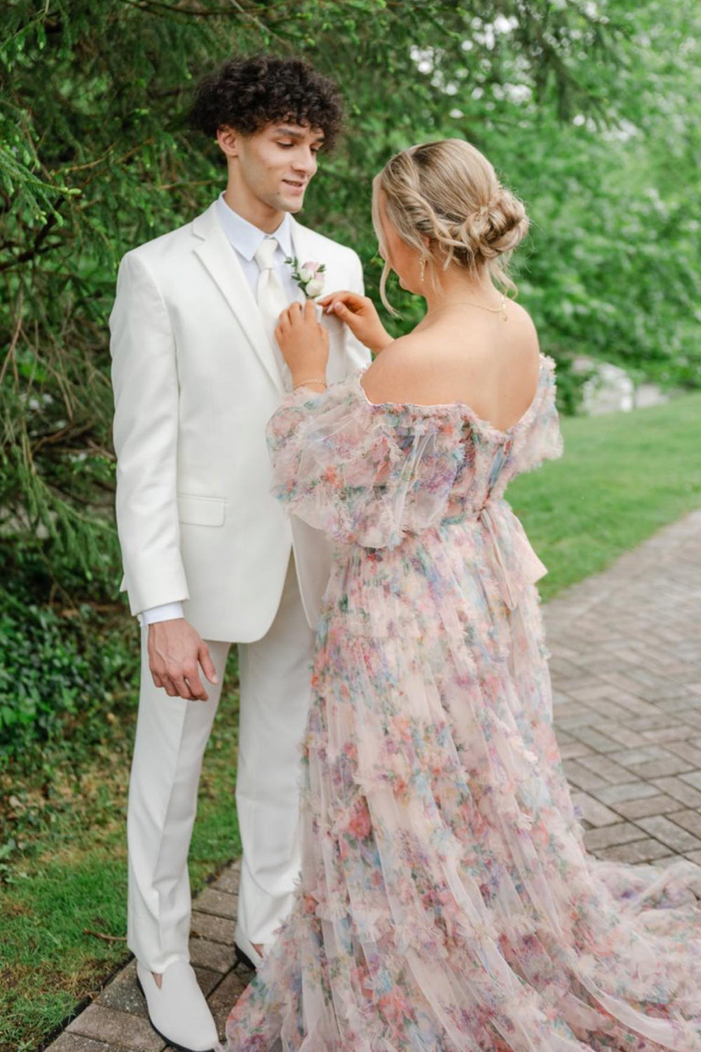 Pink Green Flower Off The Shoulder Prom Dress