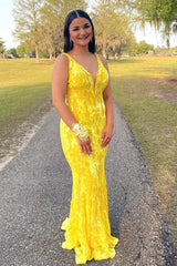 Sparkly Orange Sequin V-Neck Mermaid Long Prom Dress