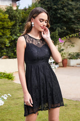 Black Bateau Neck High-Low Sleeveless Lace Dress