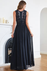 Navy Bridesmaid Dress Crew Neck Lace Chiffon Evening Dress