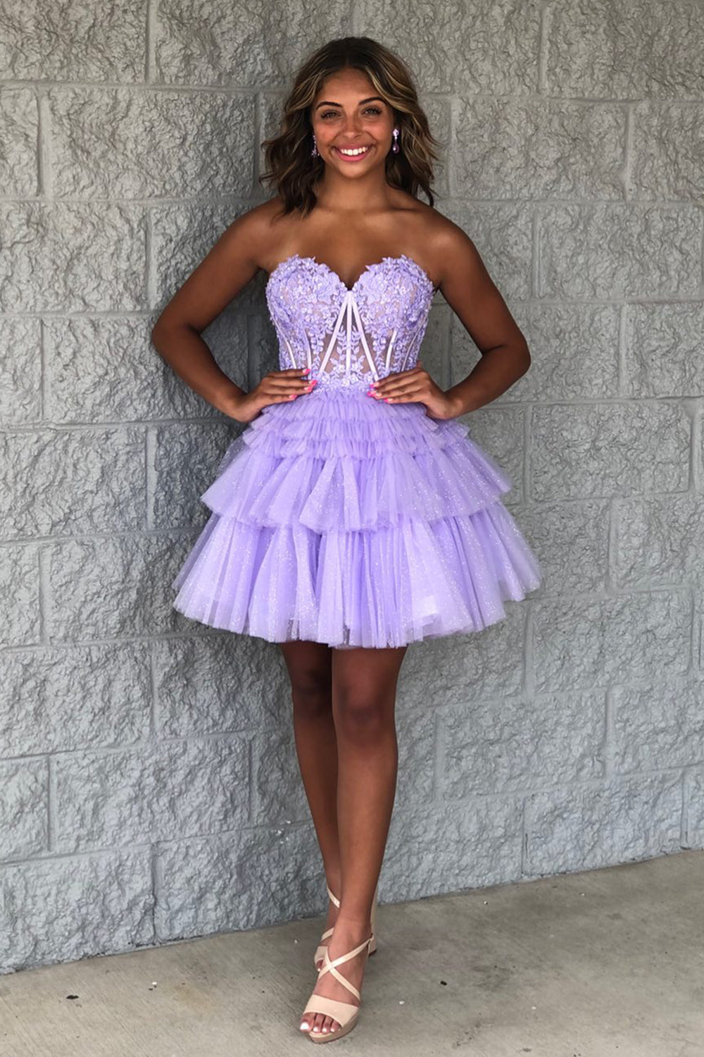 Glitter Lavender Corset Tiered Short A-Line Tulle Homecoming Dress with Lace