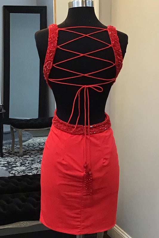 Sparkly Red Lace-Up Back Cut Out Tight Short Homecoming Dress with Sequins