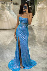 Glitter Blue Mermaid Square Neck Long Prom Dress With Slit