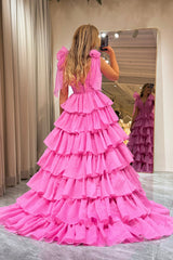 A Line Fuchsia V Neck Tulle Long Prom Dress with Ruffles