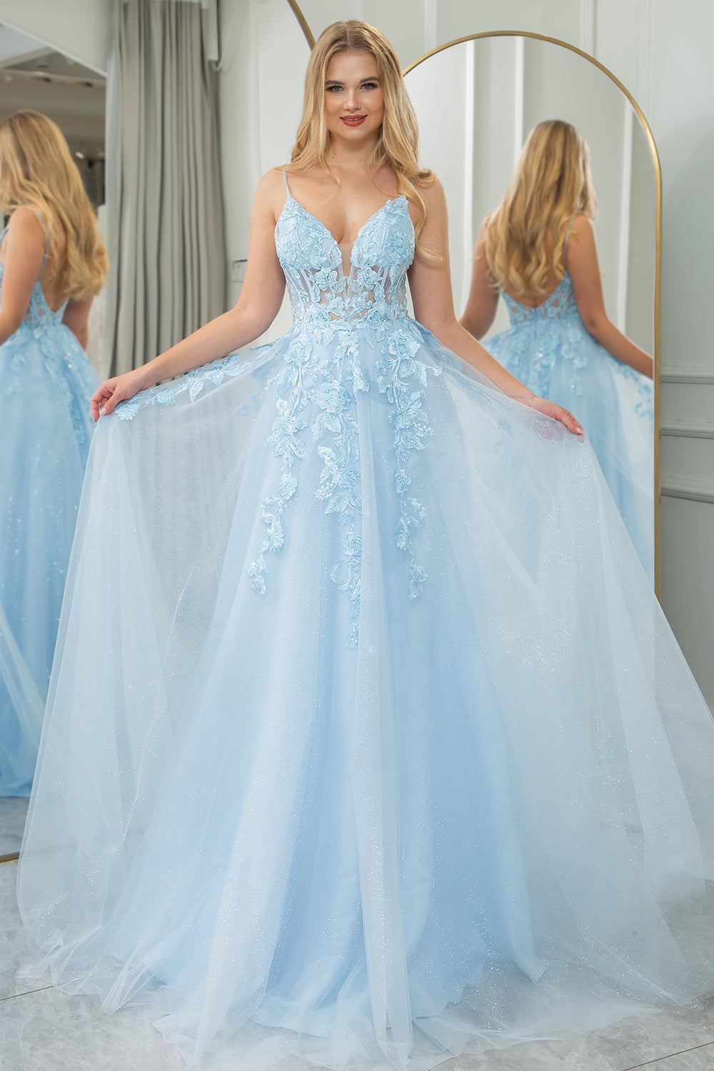 Light Blue A Line Tulle Backless Long Corset Prom Dress With Appliques