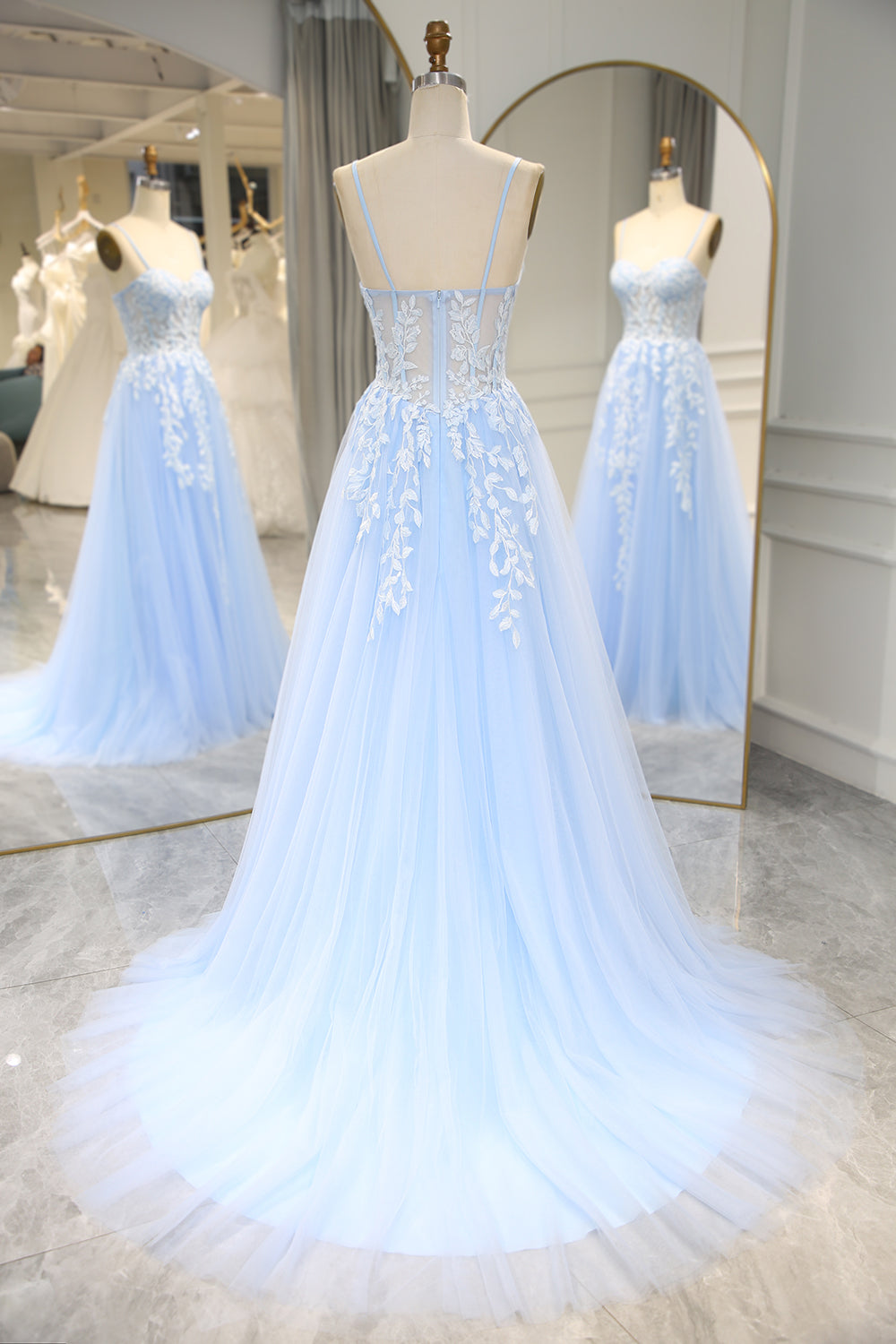 Sky Blue Long Corset Appliqued Prom Dress With Slit