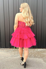 Glitter Pink Corset A-Line Tiered Short Homecoming Dress with Lace