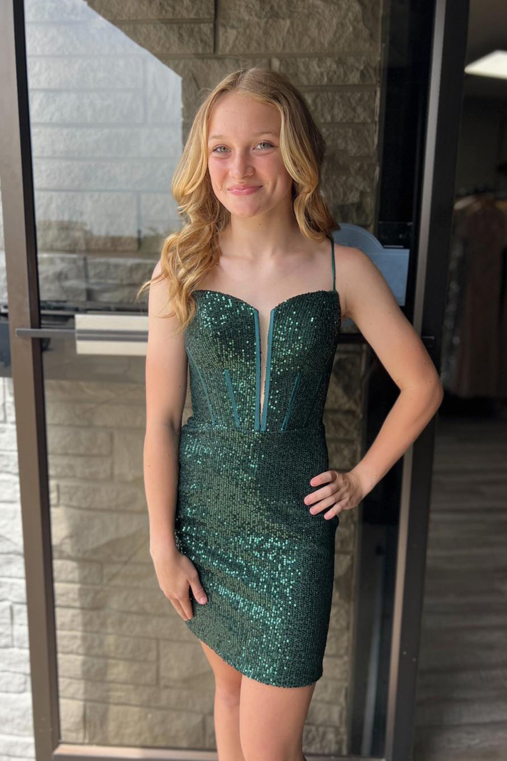 Sparkly Dark Green Corset Sequins Sleeveless Tight Homecoming Dress