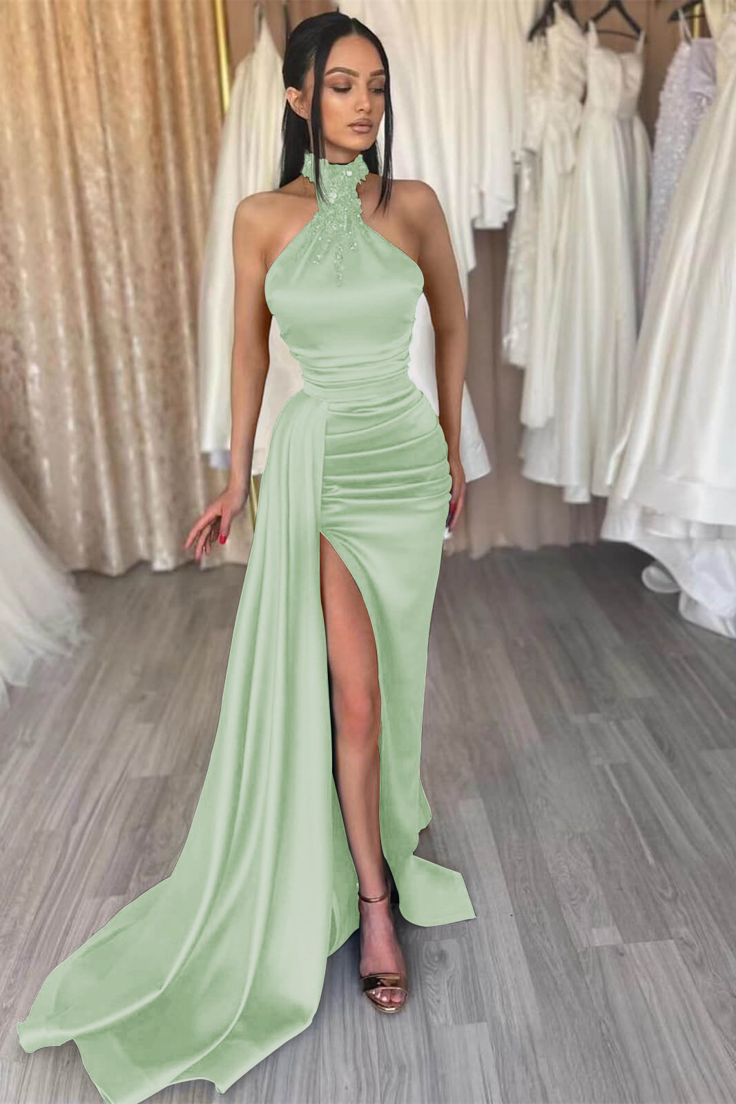 Dark Green High Neck Mermaid Evening Dress with Split Beadings and Ruffles