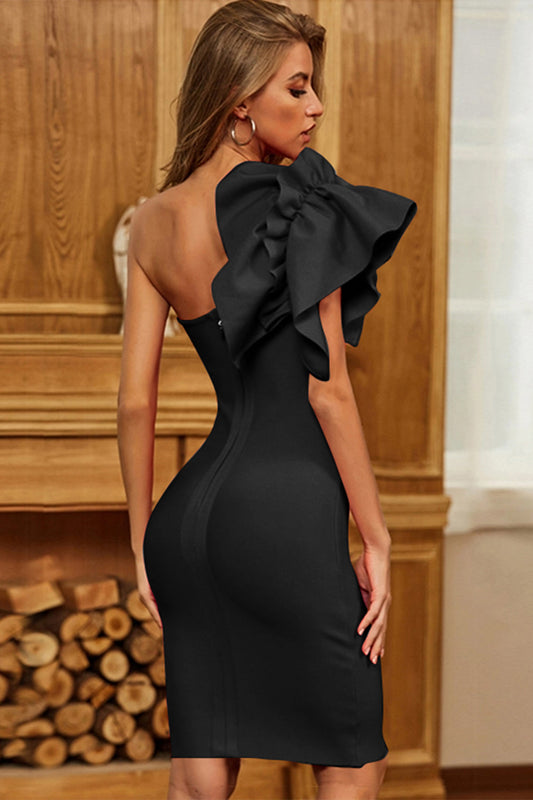 Black Bodycon Cocktail Dress with Ruffles