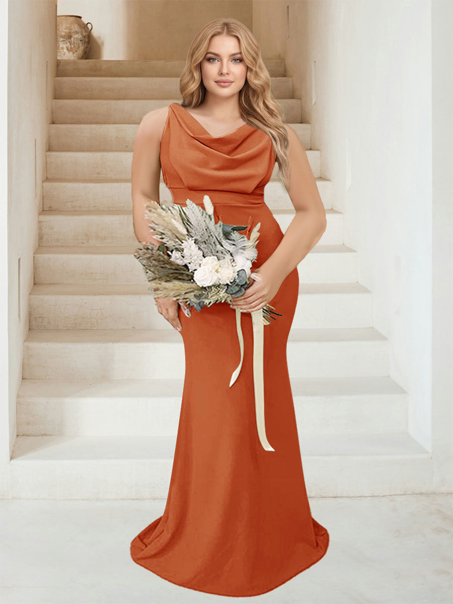 Trumpet/Mermaid Cowl Neck Sleeveless Ruched Plus Size Bridesmaid Dresses Burnt Orange