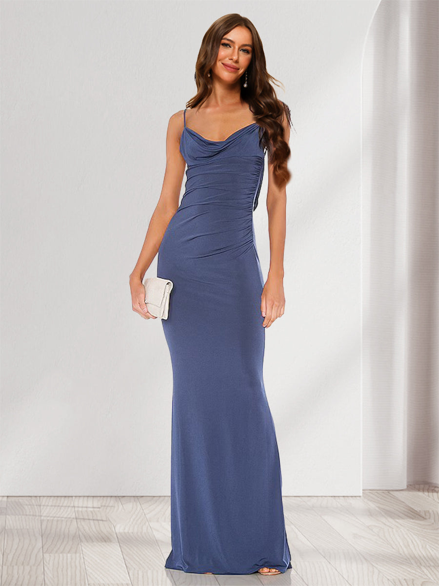 Sheath/Column Straps Cowl Neck Backless Floor-Length Long Bridesmaid Dresses with Lace As Picture