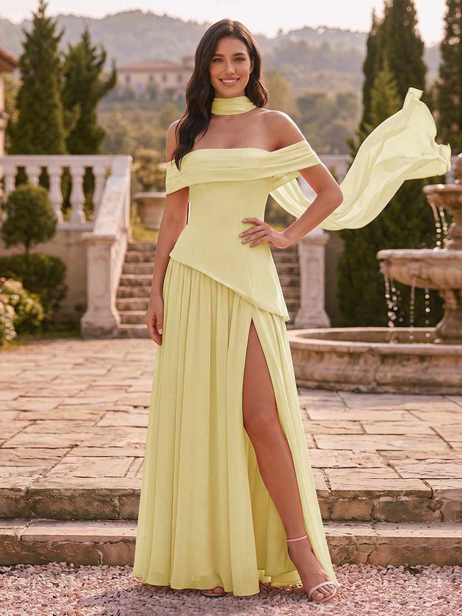 Chiffon Sheath/Column Off-the-Shoulder Floor-Length Bridesmaid Dress With Scarf & Split Side Yellow
