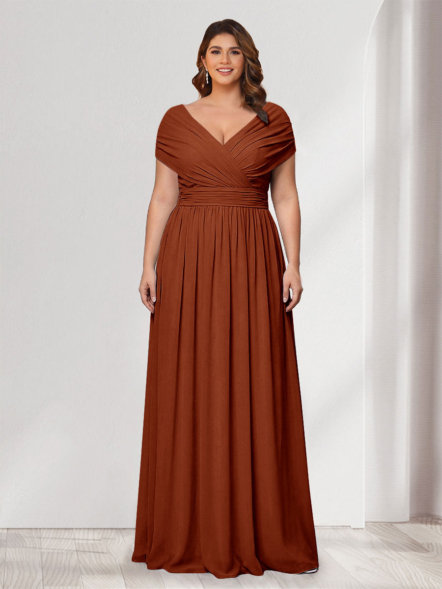 A-Line/Princess V-Neck Short Sleeves Chiffon Plus Size Bridesmaid Dresses With Bowknot Burnt Orange