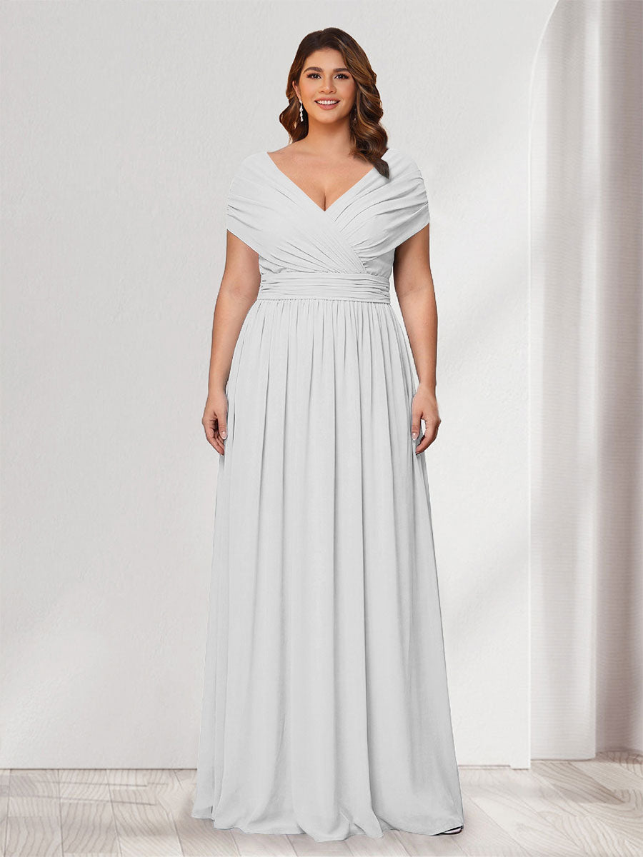 A-Line/Princess V-Neck Short Sleeves Chiffon Plus Size Bridesmaid Dresses With Bowknot Off White