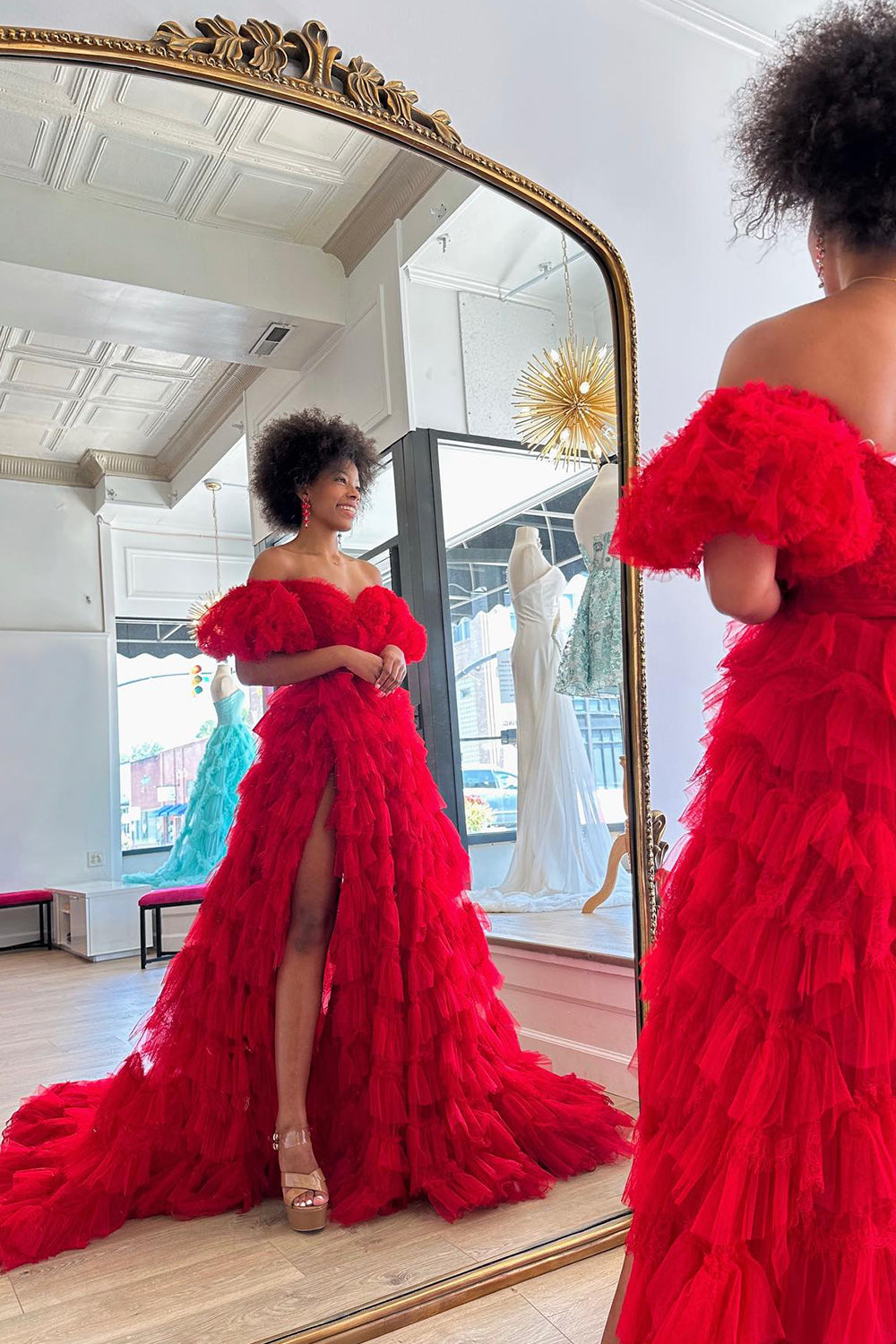 Red Off the Shoulder Tiered Ruffled Long Prom Dress with Slit