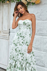 Green Asymmetrical Printed Long Wedding Party Dress with Strapless