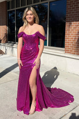 Dark Green Off Shoulder Mermaid Prom Dress with Slit