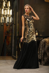 Black Gold 1920s Cap Sleeves Long Flapper Evening Dress