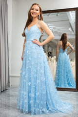 Sky Blue A Line Backless Beaded Appliques Long Prom Dress With Slit