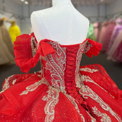 Glitter Red Quinceanera Dress Lace Applique V Neck Beading Sequins Spaghetti Corset Sweet 16 Ball Gown Dress