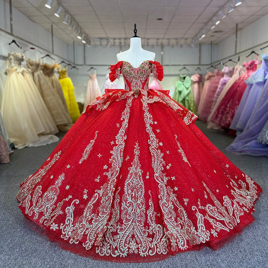 Glitter Red Quinceanera Dress Lace Applique V Neck Beading Sequins Spaghetti Corset Sweet 16 Ball Gown Dress