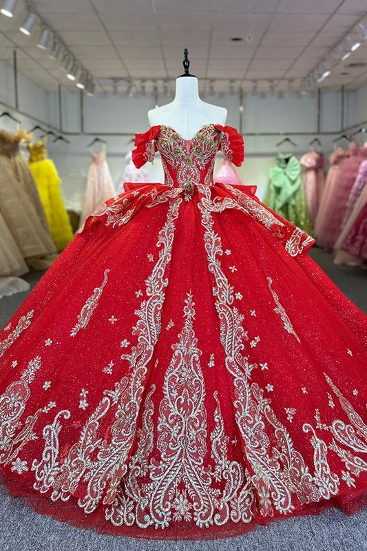 Glitter Red Quinceanera Dress Lace Applique V Neck Beading Sequins Spaghetti Corset Sweet 16 Ball Gown Dress