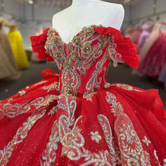 Glitter Red Quinceanera Dress Lace Applique V Neck Beading Sequins Spaghetti Corset Sweet 16 Ball Gown Dress