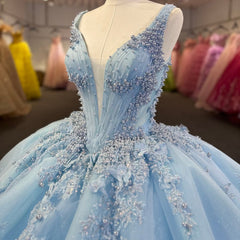 Real Blue Quinceanera Dress Appliques Beaded Tiered Sweet 16 Party Dress Ball Gown Dress